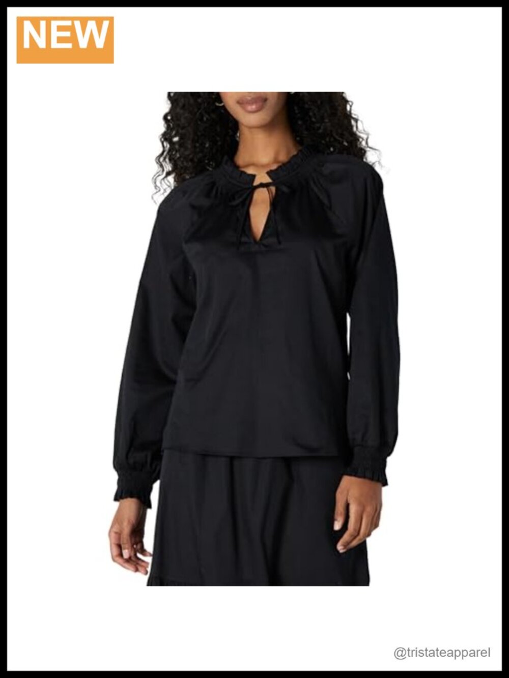 Women's Cotton Sateen Relaxed-Fit Ruffle-Neck Long-Sleeve Blouse